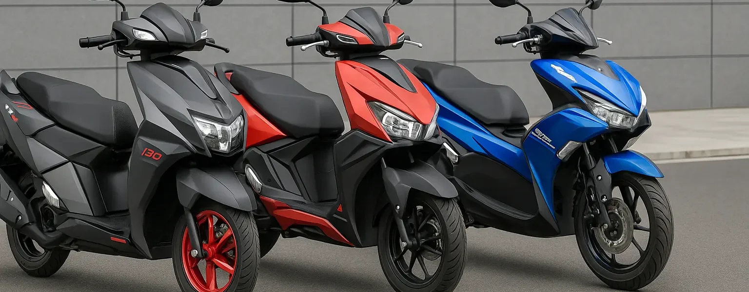 TVS Ntorq 150, Hero Xoom 160, and Yamaha Aerox 155 scooters side by side – comparison of premium sporty scooters in India 2025