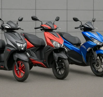 TVS Ntorq 150, Hero Xoom 160, and Yamaha Aerox 155 scooters side by side – comparison of premium sporty scooters in India 2025