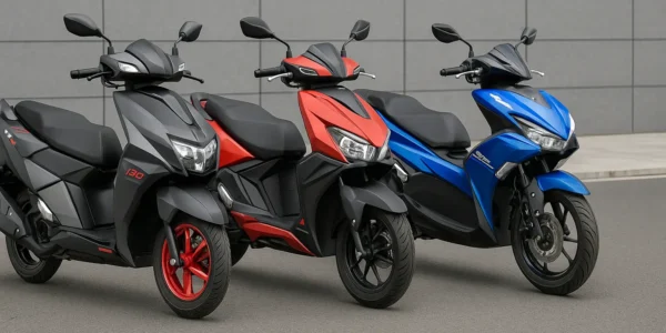 TVS Ntorq 150, Hero Xoom 160, and Yamaha Aerox 155 scooters side by side – comparison of premium sporty scooters in India 2025