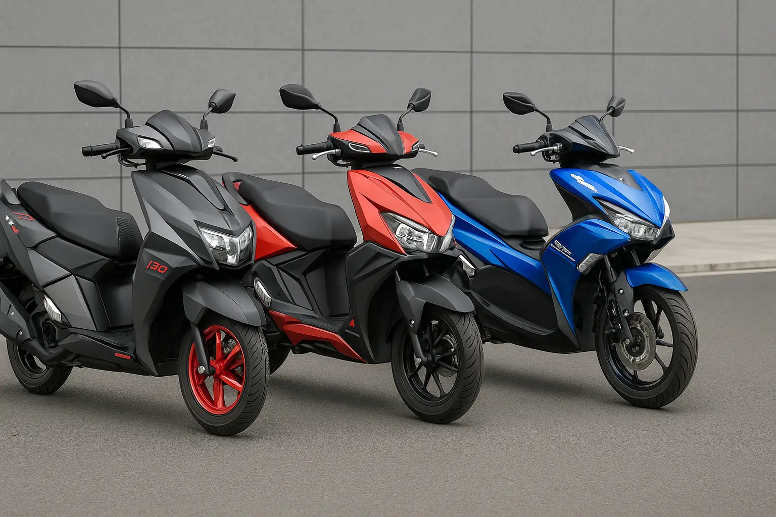 TVS Ntorq 150, Hero Xoom 160, and Yamaha Aerox 155 scooters side by side – comparison of premium sporty scooters in India 2025