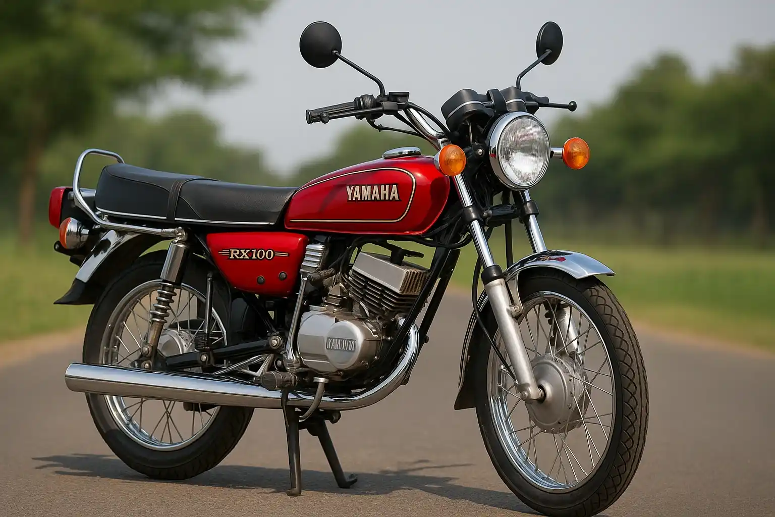 Yamaha RX 100 red vintage motorcycle with chrome exhaust and round headlamp parked on a road with trees in the background
