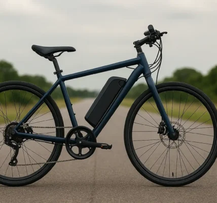 Jio Electric Cycle 2025 matte navy blue frame with detachable battery pack and disc brakes parked on an open road