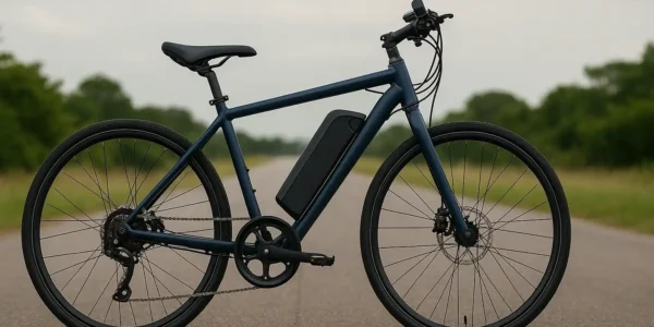Jio Electric Cycle 2025 matte navy blue frame with detachable battery pack and disc brakes parked on an open road