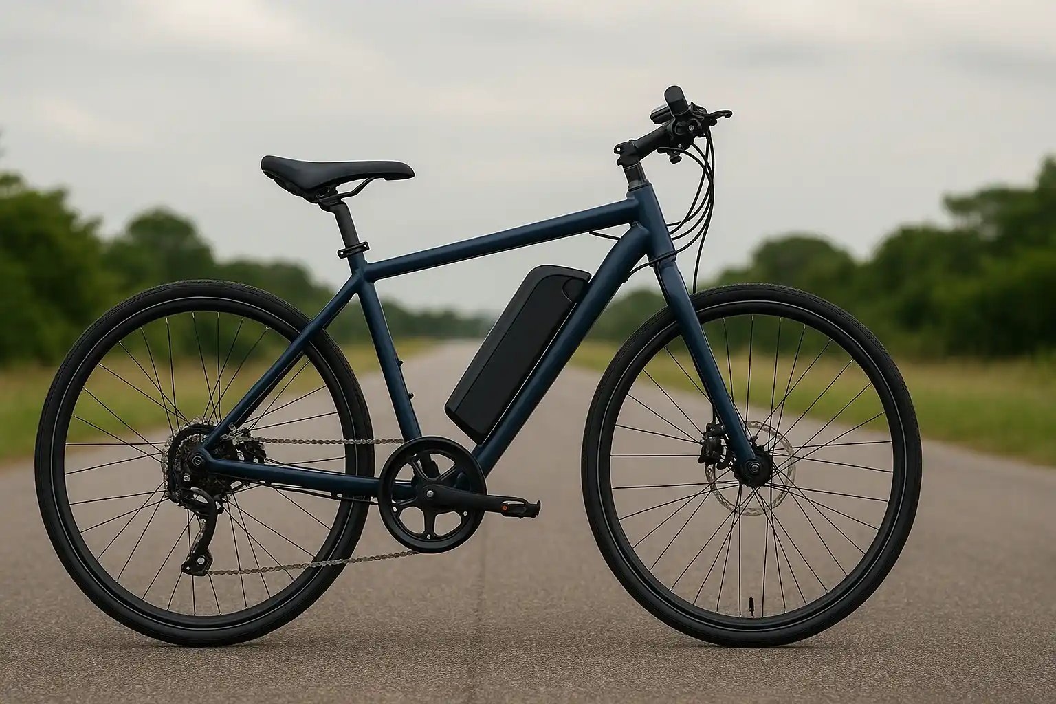 Jio Electric Cycle 2025 matte navy blue frame with detachable battery pack and disc brakes parked on an open road