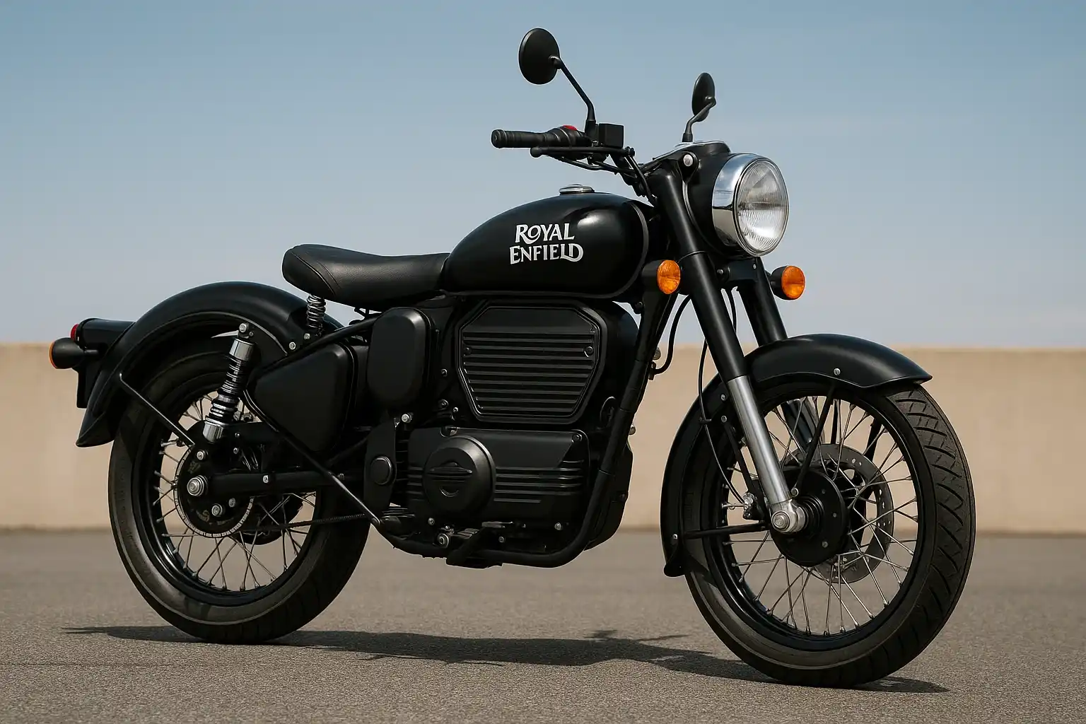 Electric Bullet Bike concept of Royal Enfield with retro design and modern electric motor, displayed outdoors in India