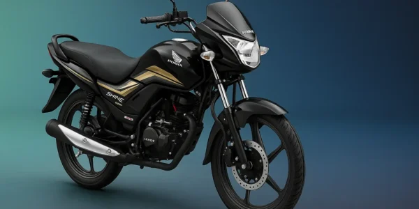 Honda Shine 2025 commuter bike in black with golden graphics, fuel-efficient 125cc motorcycle designed for Indian riders