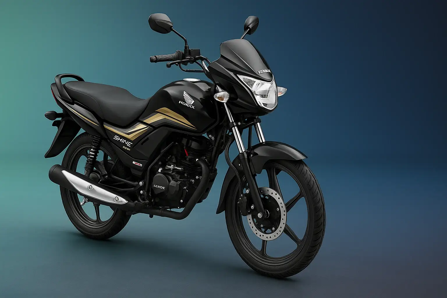 Honda Shine 2025 commuter bike in black with golden graphics, fuel-efficient 125cc motorcycle designed for Indian riders