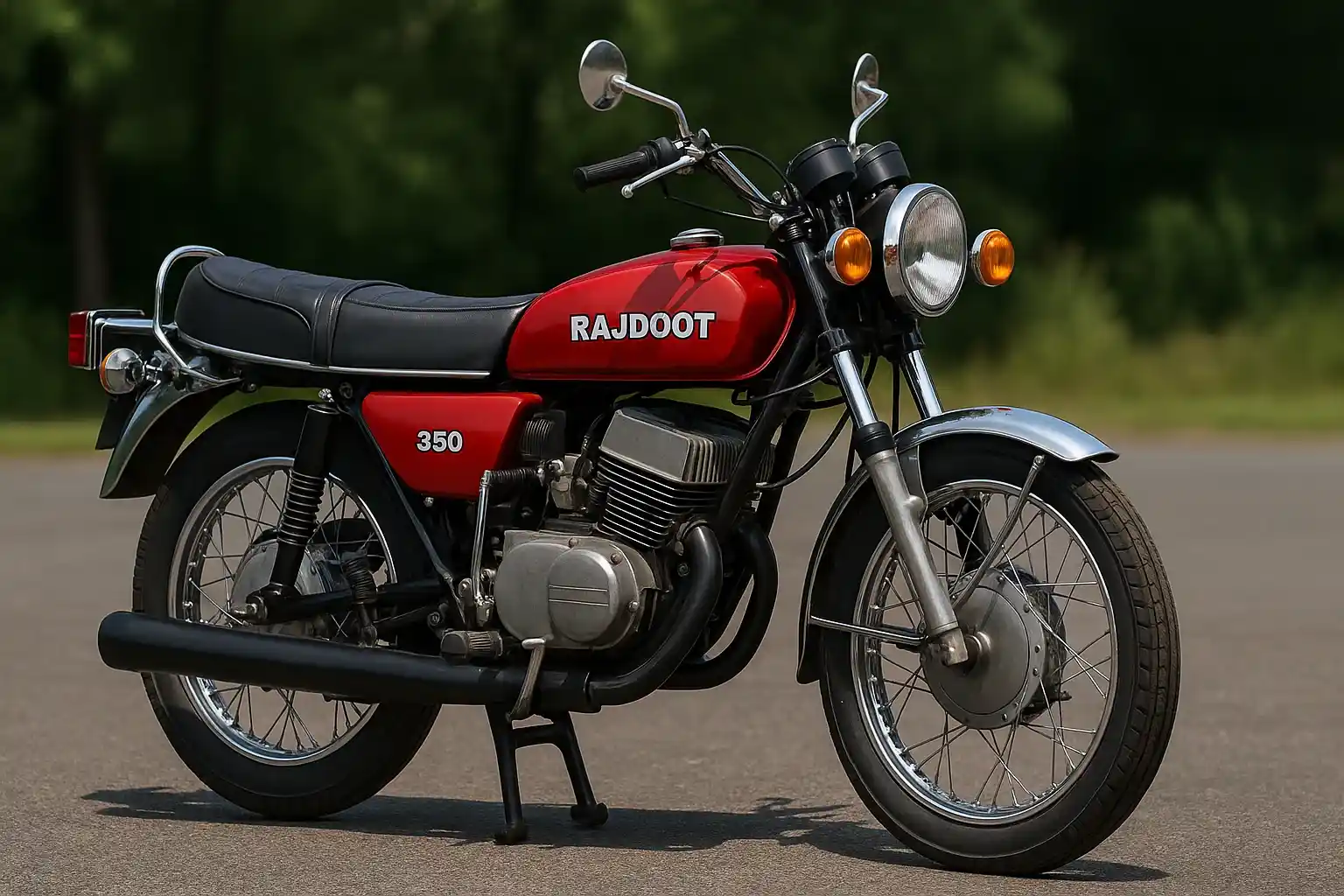 Rajdoot 350 vintage motorcycle in red color with chrome exhaust and twin-cylinder engine parked on a road in India