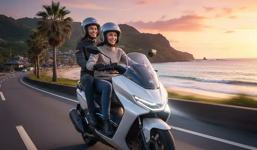 Okinawa Cruise Electric Scooter parked beside a scenic city road