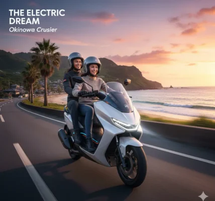 Okinawa Cruise Electric Scooter parked beside a scenic city road