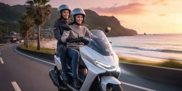 Okinawa Cruise Electric Scooter parked beside a scenic city road