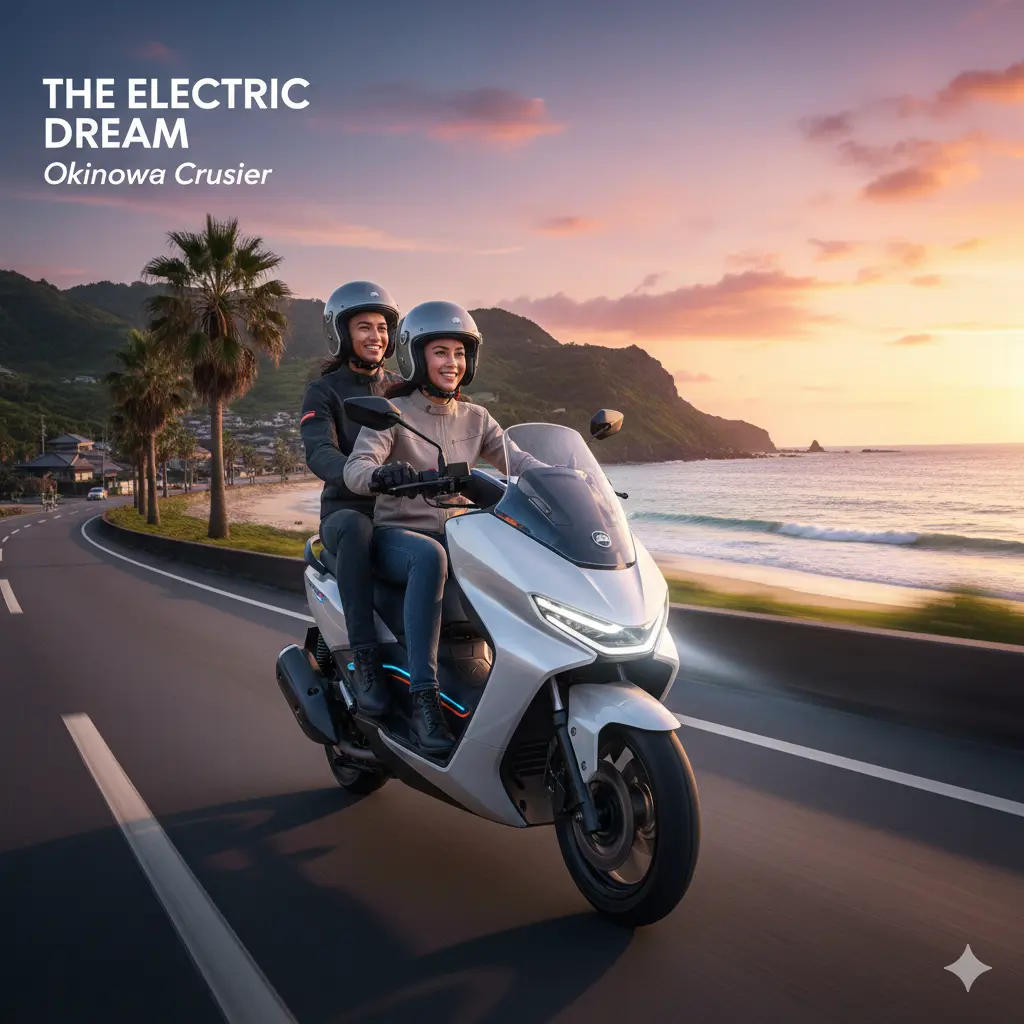 Okinawa Cruise Electric Scooter parked beside a scenic city road