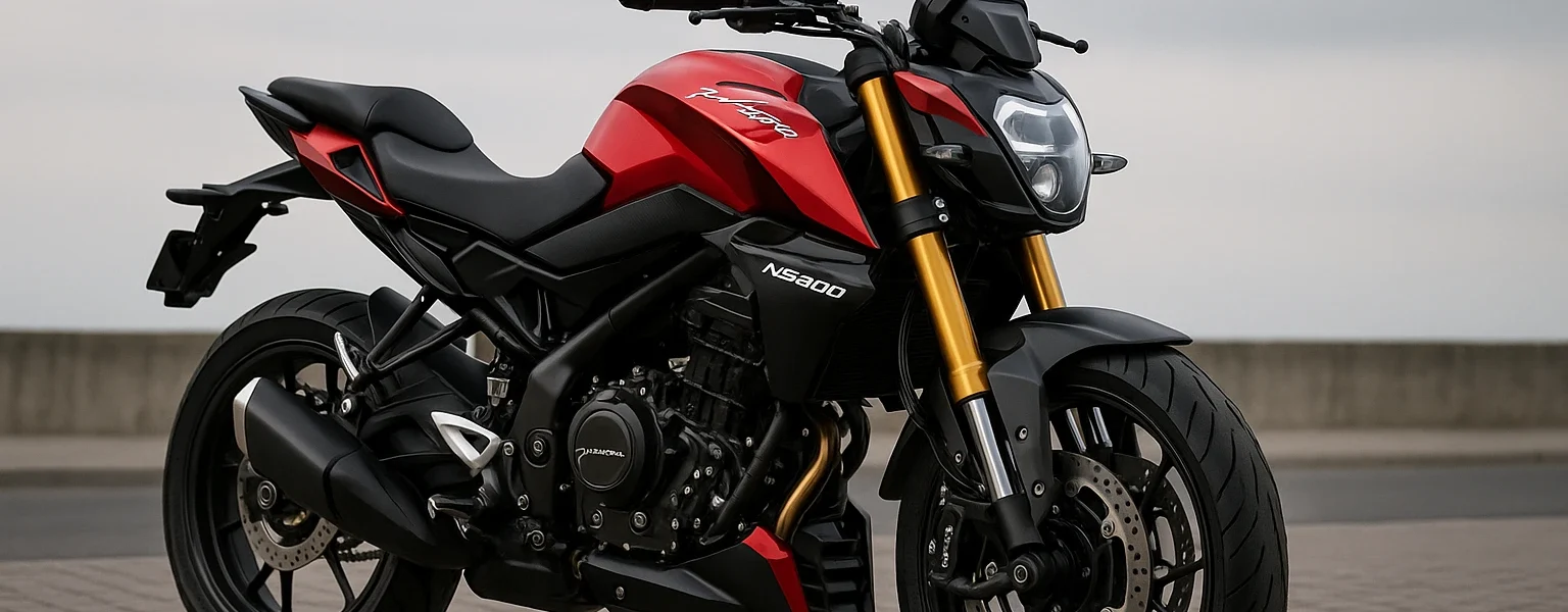 Bajaj Pulsar NS400 रेड और ब्लैक स्ट्रीटफाइटर मोटरसाइकिल जिसमें USD फोर्क्स और LED हेडलाइट दिखाई दे रही है
